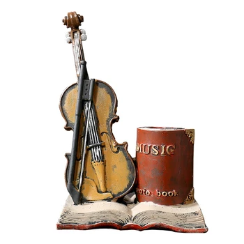 

European Nostalgic Violin Figurine Pen Holder Model Crafts Vintage Home Decoration Accessories Resin Ornaments Birthday Gifts