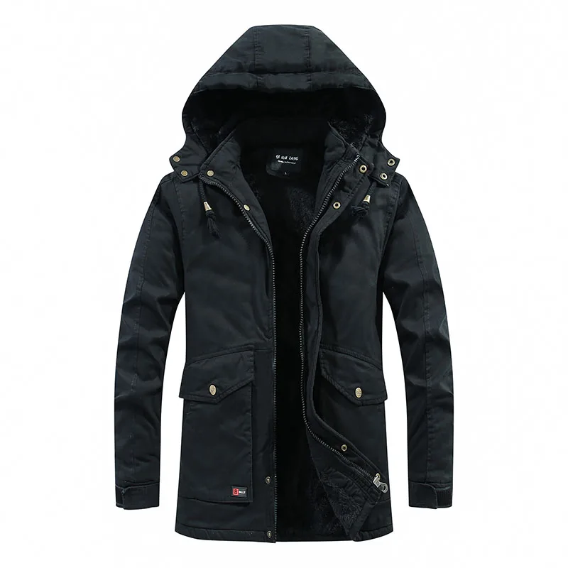 Men's Jacket Hooded Winter New Style Plus Velvet Windproof Large Fur Collar Mid-Length Cotton Water Parka Coat for Men | Мужская