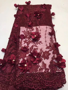 

Wine Embroidery 3D Flowers French Tulle Lace With Stones Beaded Nigerian African Lace Fabric 2019 With Appliques Dress ZX3195