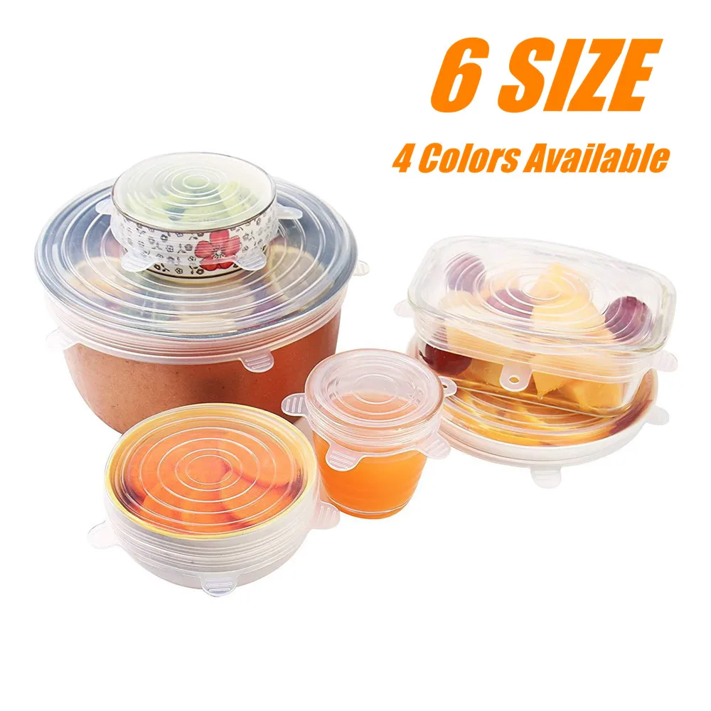 6 шт. многоразовые силиконовые растягивающиеся крышки универсальные прочные для