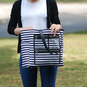 

Canvas Striped PVC Display Bag Essential Oil Purse Lipstick Tote with Clear Pockets DOM576