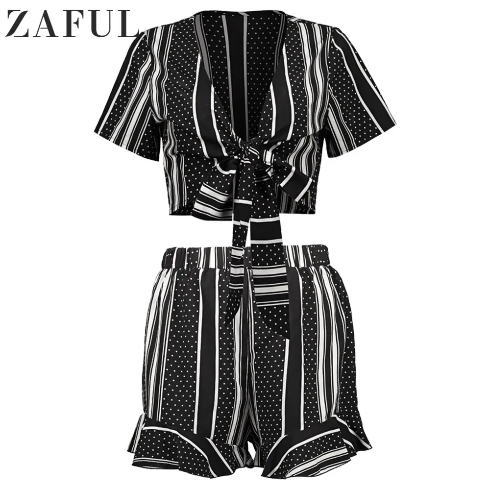 ZAFUL 2019 комплект из двух предметов женские комплекты полосатый синий 2 укороченный