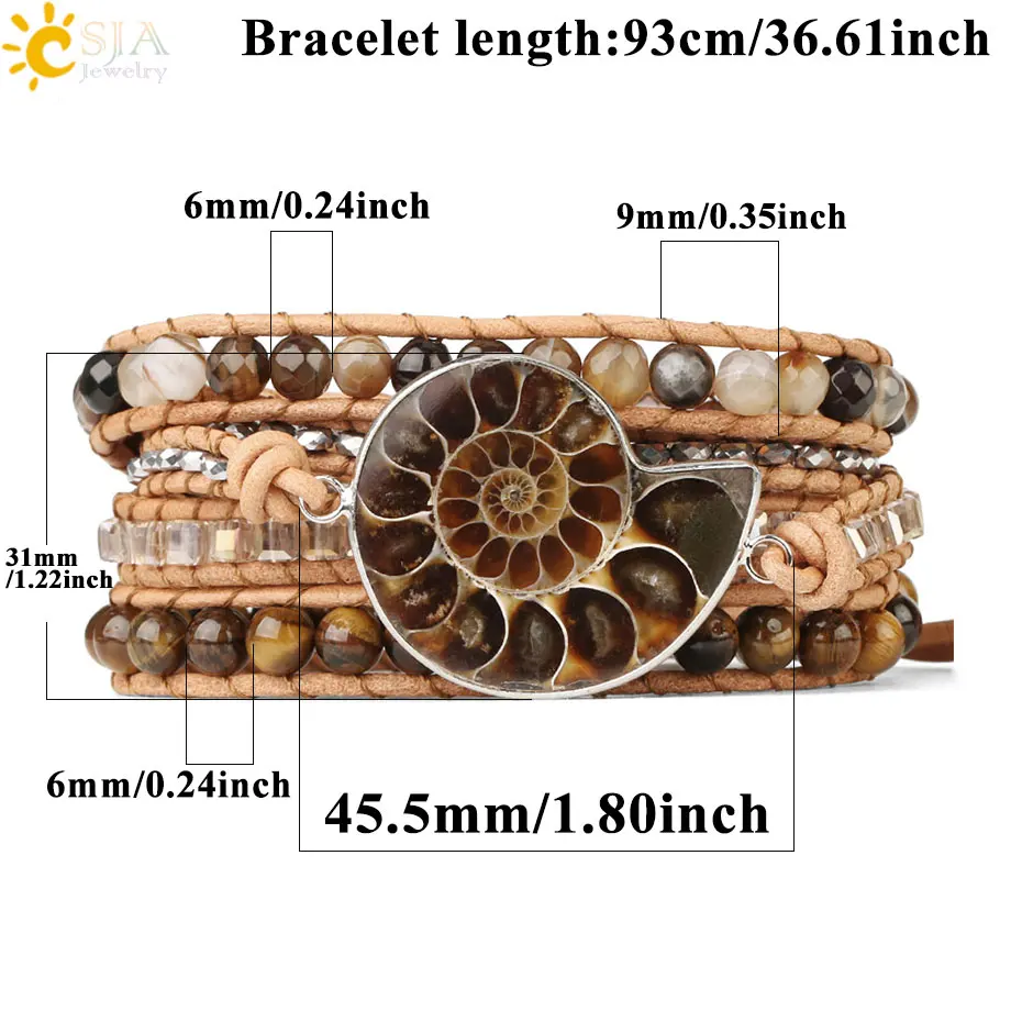 CSJA Boho Wrap Leather Bracelet Natural Ammonite Fossils Hematite Tiger Eye Bead Multilayer Woven Charm Bracelets for Women S475