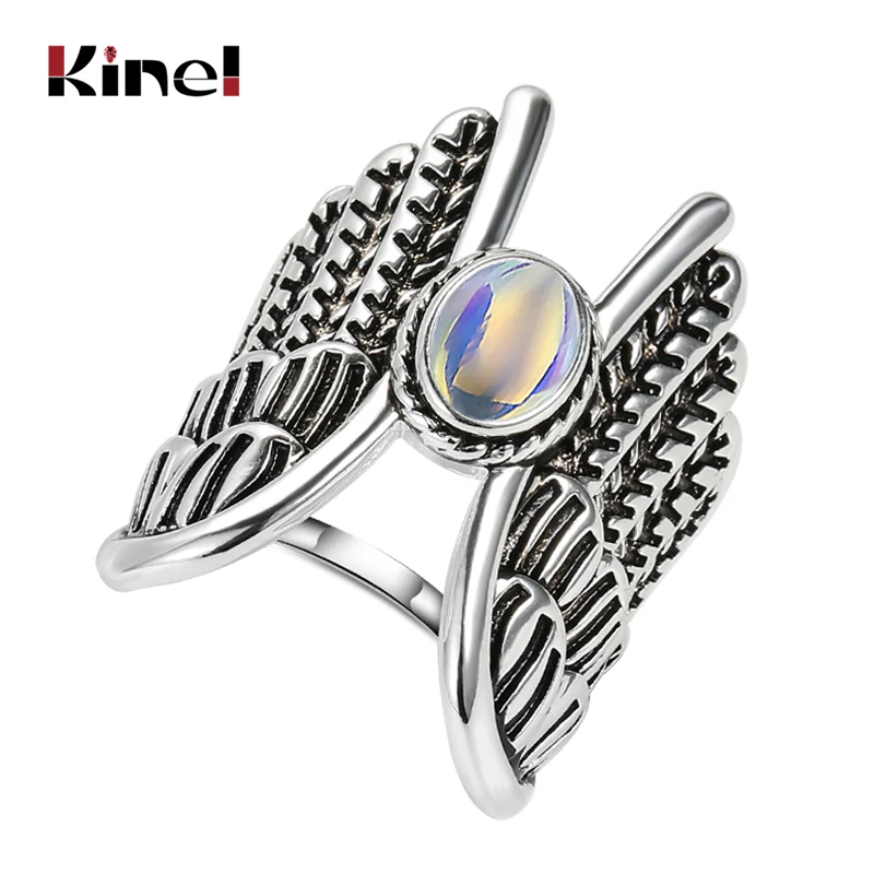 Кольцо с натуральным лунным камнем Kinel в виде ангела крылья для женщин панк-рок