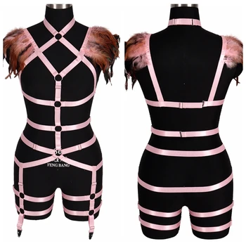 

Pink Lingerie Feather Harness Garter Harajuku Full Body Cage Waist Suspender Women Art Dance Club Elastic Belt Top Harness Bra
