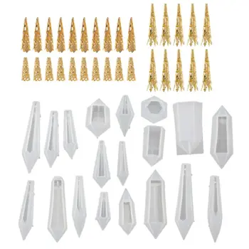 

19Pcs Resin Pendulum Molds Silicone Quartz Crystal Molds with 30Pcs Metal Bead Caps Epoxy UV Resin Molds Jewelry Tools