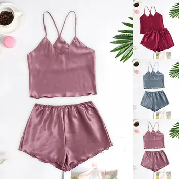 

New Satin Silk Pajamas Sexy Clothes Nightdress Lingerie Women Underwear Sleeveless Sleepwear Satin Suit Vestido para dormir W5