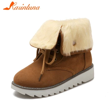 

KARINLUNA Big Size 34-43 Female Winter Warm Fur Boots Round Toe Cross Tied Plush Flat With Women Boots Ankle Women Shoes
