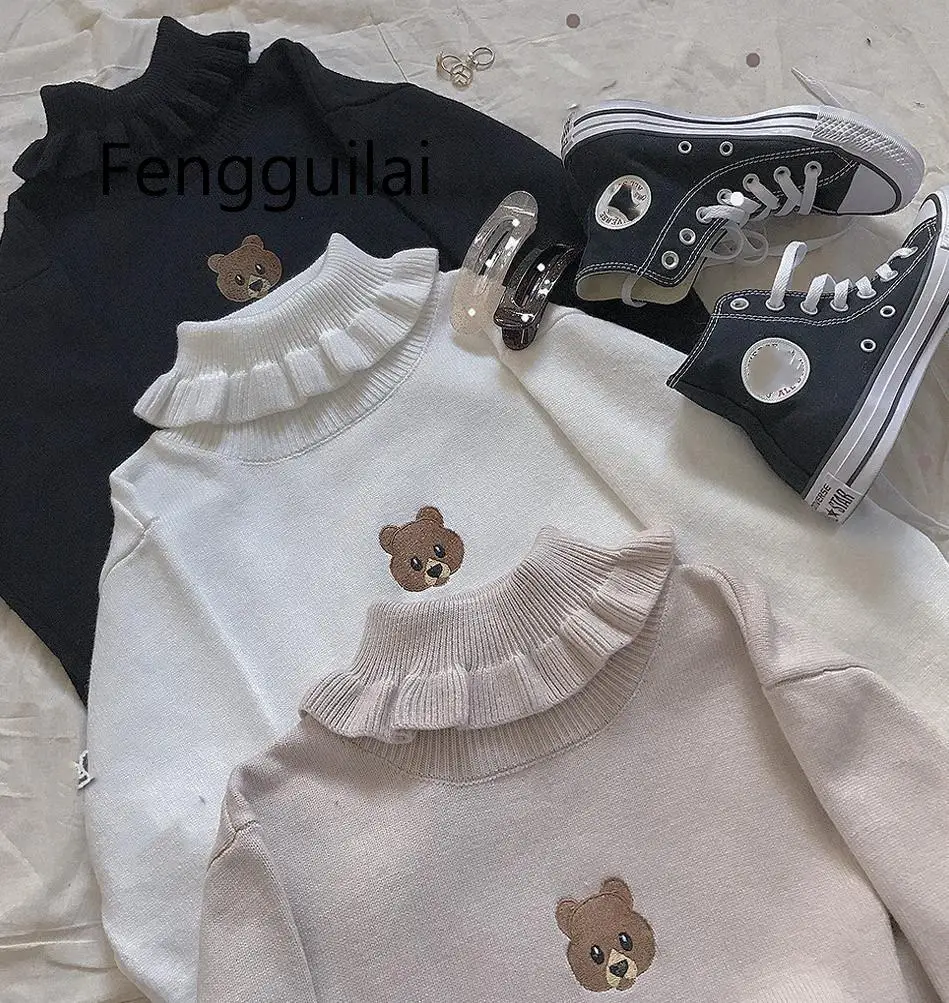 Harajuku Cute Bear Girl Sweater Vintage Knitted High Neck Kawaii Female Pullover Women Turtleneck Ruffle Slim Jumper White Black Harajuku Cute Bear Girl Sweater Vintage Knitted High Neck Kawaii Female Pullover Women Turtleneck Ruffle Slim Jumper White Black