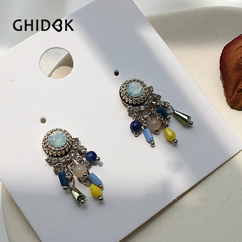 

GHIDBK Boho Colorful Beaded Tassel Stud Earrings Geometric Rhinestone Earring Studs with Round Pearl Nice Look Women Fan Earring