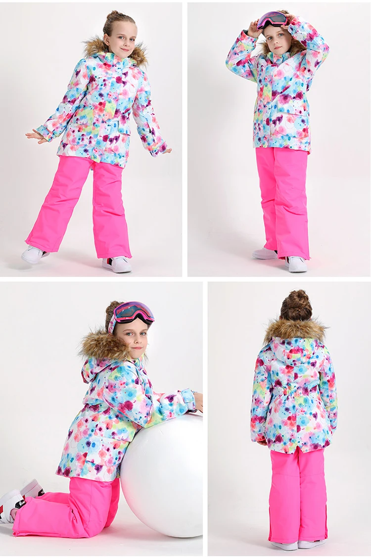 Детские лыжные костюмы для девочек; Лыжная куртка со штанами; водонепроницаемая ветрозащитная куртка для сноуборда и брюки; зимняя одежда для девочек