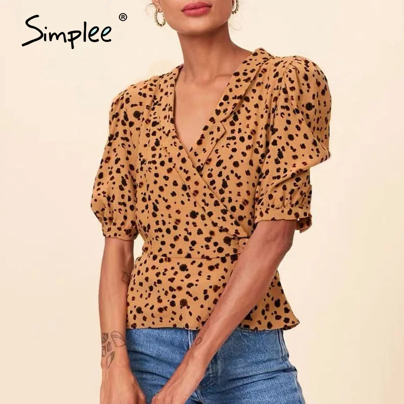Simplee винтажная леопардовая женская блузка рубашка половина рукава v образный