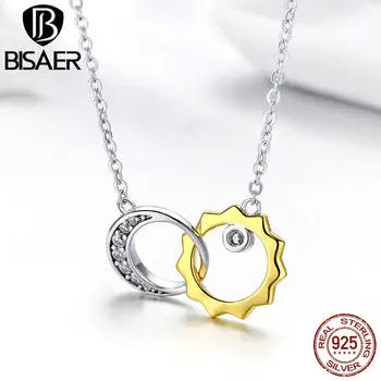 

BISAER 925 Sterling Silver Gold Color Moon and Sun Double Circle Choker Necklaces for Women Korean Fashion Jewelry GAN039