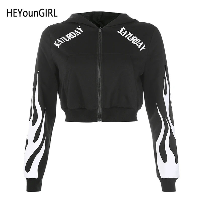 Black HEYounGIRL Повседневная укороченная куртка с капюшоном в стиле Харадзюку, Женское пальто с принтом и длинным рукавом, модное пальто на молнии, женские пальто с карманами, осень - Color: Black
