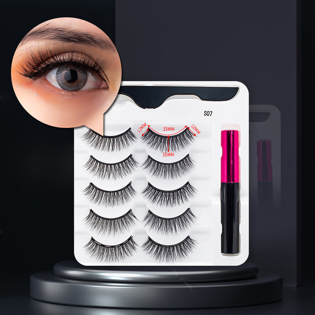3/5/7Pairs Magnetic Eyelashes False Lashes Repeated Use Eyelashes Waterproof Liquid Eyeliner With Tweezer Makeup Set