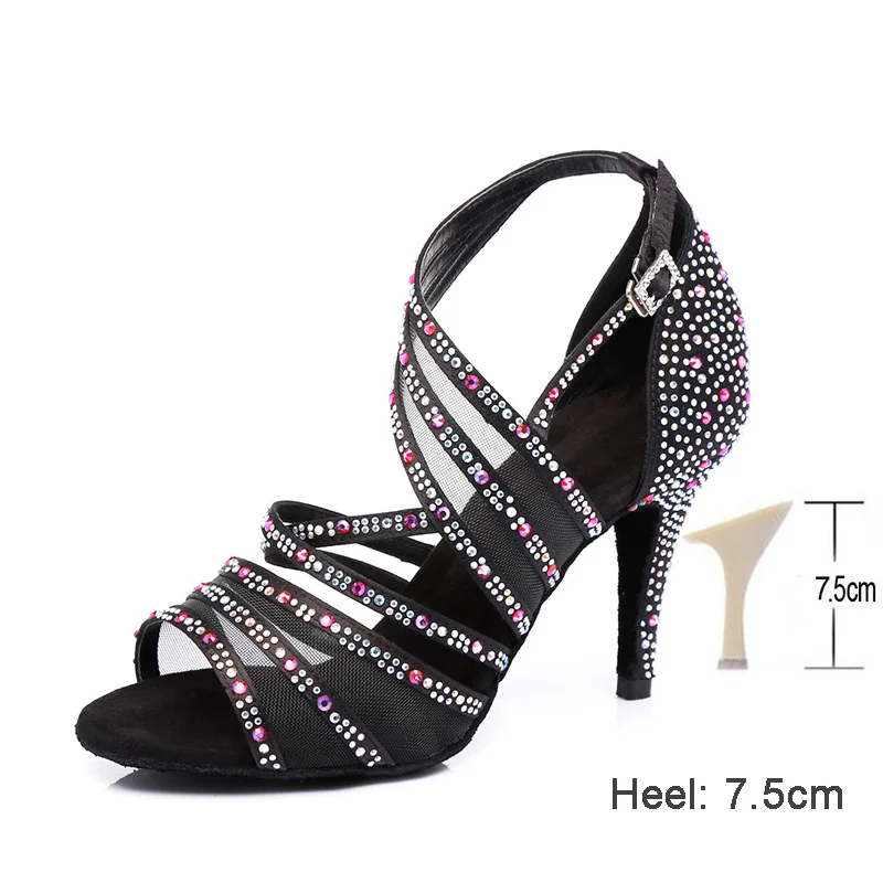 Black 7.5CM HROYL/женские туфли для латинских танцев для девушек; женские туфли со стразами для бальных танцев; танцевальные туфли для танго; 10/8. 5/7. 5/6 см; каблуки; Прямая поставка - Цвет: Black 7.5CM