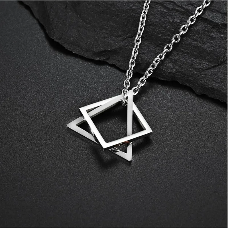 Popular Interlocking Square Triangle Male Pendant For Men Stainless Steel Modern Trendy Geometric Stacking Streetwear Necklace - Image 6