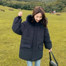 Down Jacket Women Loose Winter Jackets Hooded with Fur Solid Ladies Parkas Cotton Padded Pockets Zipper Long Sleeve Outwear