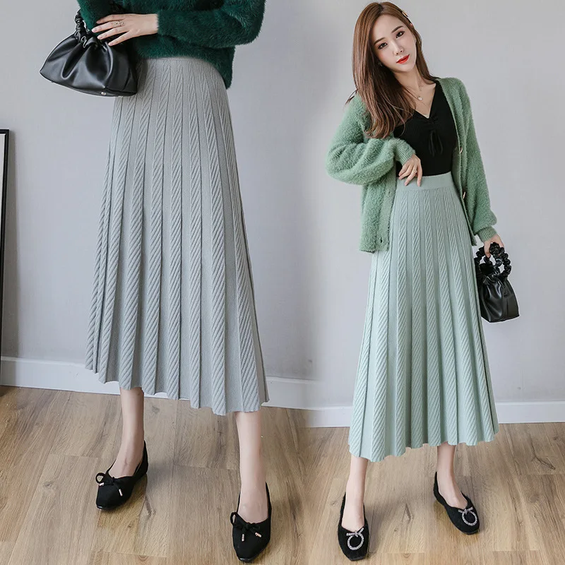 

2019 Autumn And Winter New Style Korean-style Sunken Stripe Jacquard Pleated Knitted Skirt Core-Spun Yarn Swinging Skirt A- line