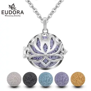 

EUDORA 18mm Lotus blossom Lockets Pendant Aromatherapy locket Diffuser Necklace fit Volcanic Lava Stone Ball Fine Jewelry K241