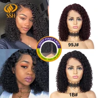 SSH Lace Part 150% Density Brazilian Remy Short Bob Curly Human Hair Wigs For Black Women Side Part Pre Plucked Hairline 14 Inch