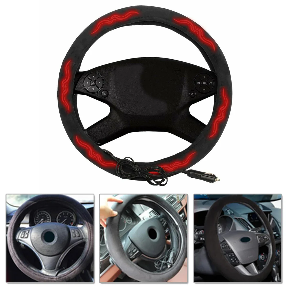 

1PC 12v Black 14.5 Car Heated Steering Wheel Cover Warm Winter Universal Fit