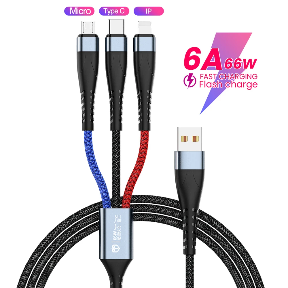 best fast charging cable for android 3 in 1 6A 66W USB Data Cable For Huawei Samsung Xiaomi Micro USB Cable 2.4A USB Cable for iPhone 13 12 11 Pro Max 1.2M best fast charging cable for android