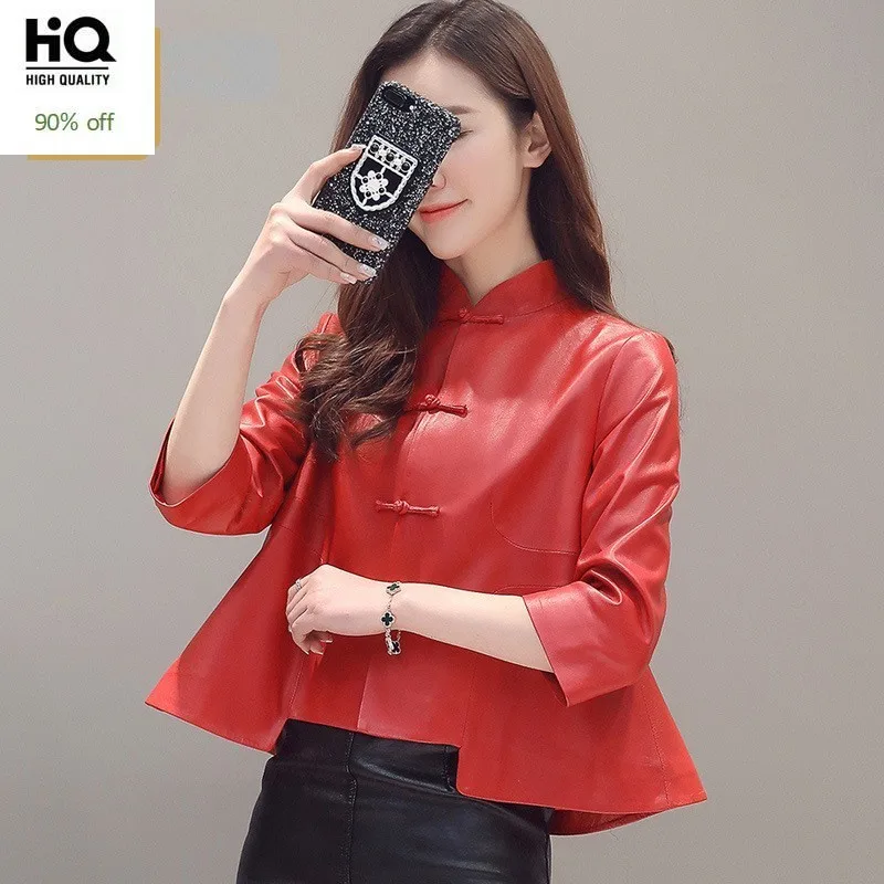 

Folk Genuine Leather Short Jacket Women Mandarin Collar Chinese Style OL Real Leather Coat Single Breasted Chaqueta Mujer Coats