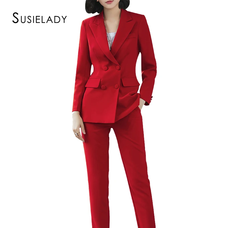 

Women's Blazer Suits Two Pieces Solid Business Pantsuits Double-Breasted Office Lady Work Suits