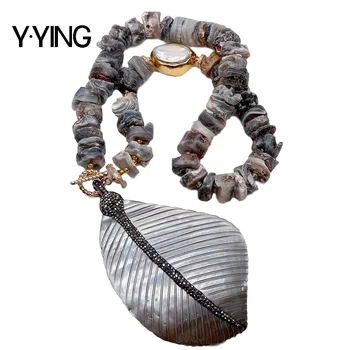 

Y·YING 20" natural Agates Raw Rough White Keshi Pearl Necklace Black Shell Carved Leaf Pendant necklace handmade for women