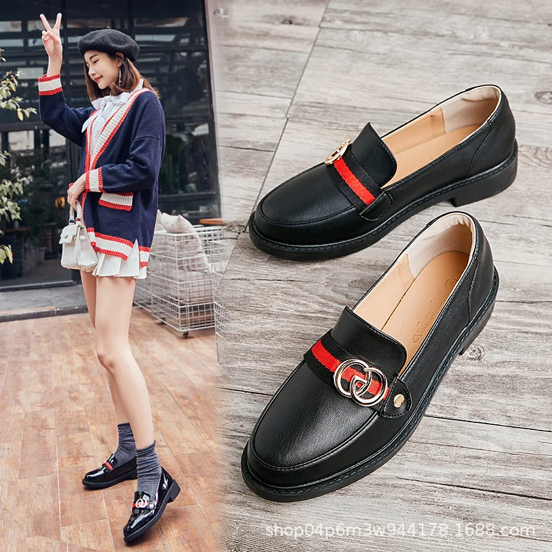 

Small Leather Shoes Women's British-Style WOMEN'S Shoes 2019 New Style Spring Chunky-Heel Shoes Spring And Autumn Black And Whit