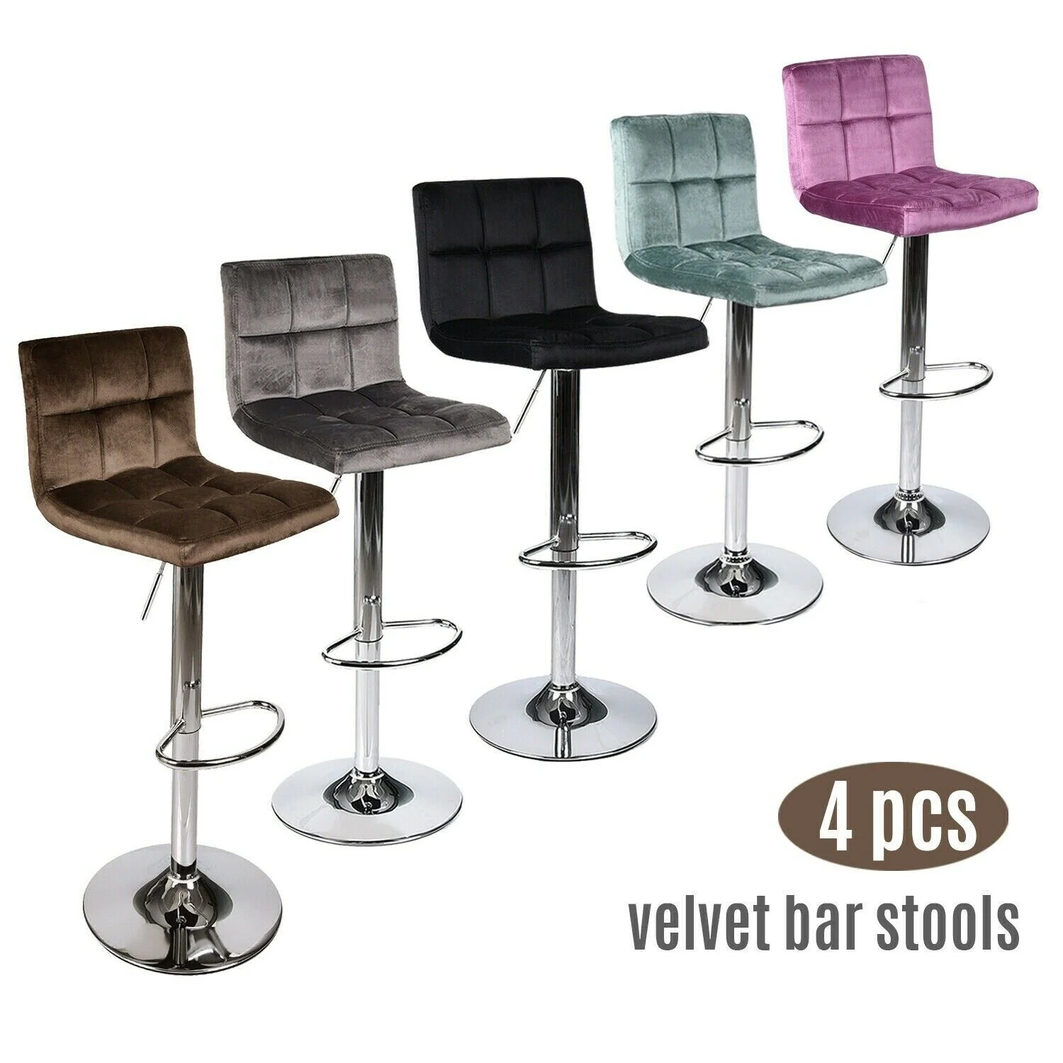 

Set of 4 Bar Stools Velvet Adjustable Swivel Kitchen Pub Dining Chair Multicolor