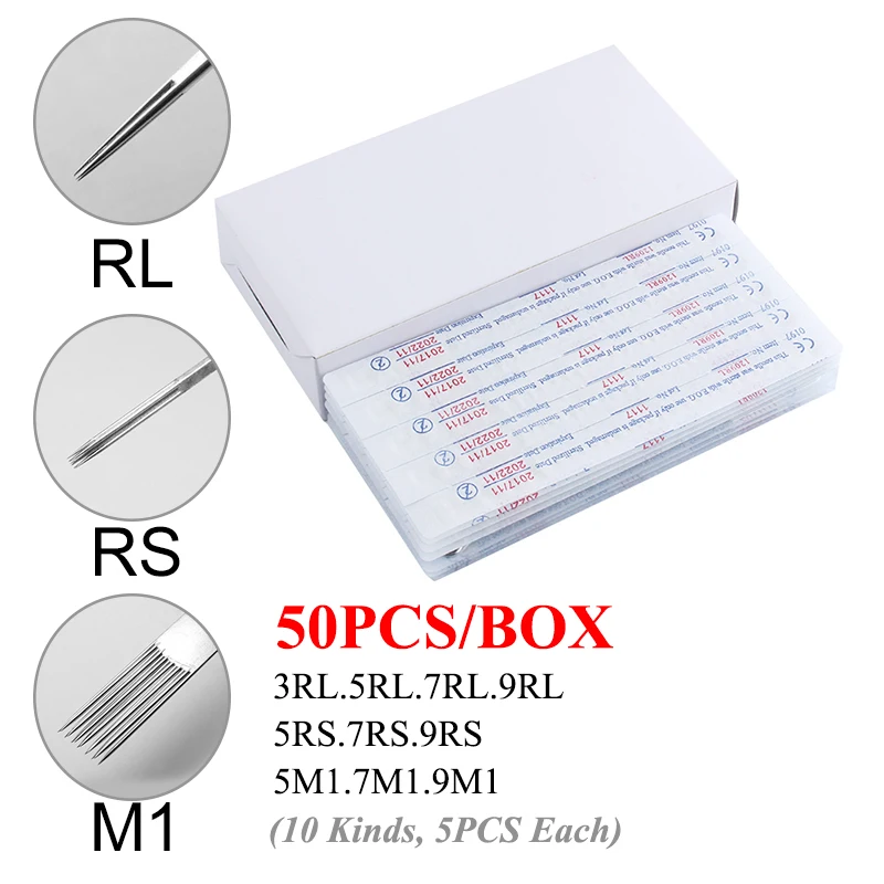 50pcs Sterile Tattoo Needles RL RS M1 Disposable Round Liner Needle Set Agujas Microblading Supply Permanent Makeup Accessories