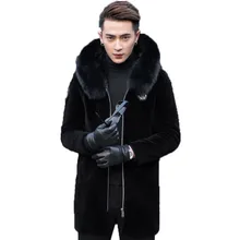 Шуба из настоящей овчины, мужская зимняя куртка, Воротник из натурального Лисьего меха, шерстяные шубы, куртки с капюшоном, манто MG-97-006, MY1874
