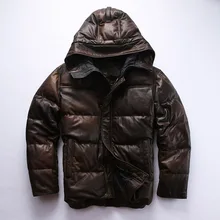 Фабричная Новинка, мужской коричневый пуховик из натуральной кожи, модный пуховик из овчины с капюшоном, куртки пилота, российские зимние пальто