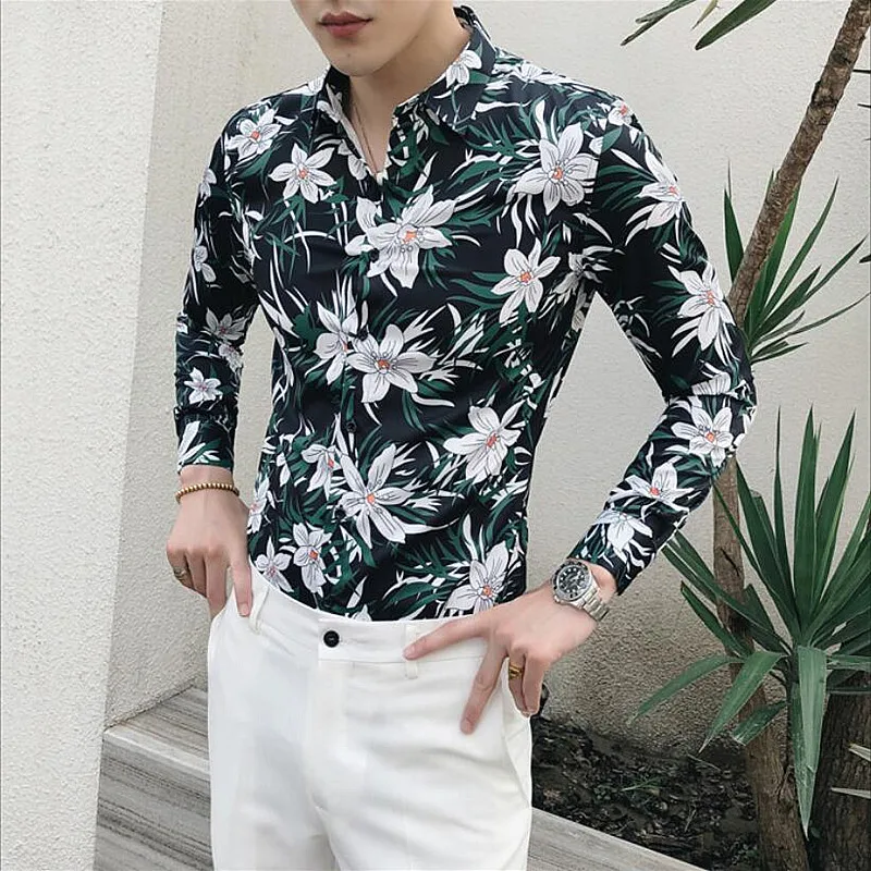 

Luxury Men Shirts Men's Long Sleeve Casual Shirt Fashion Rose Flower Printed Floral Shirt Slim Fit Shirt For Mens Clothing