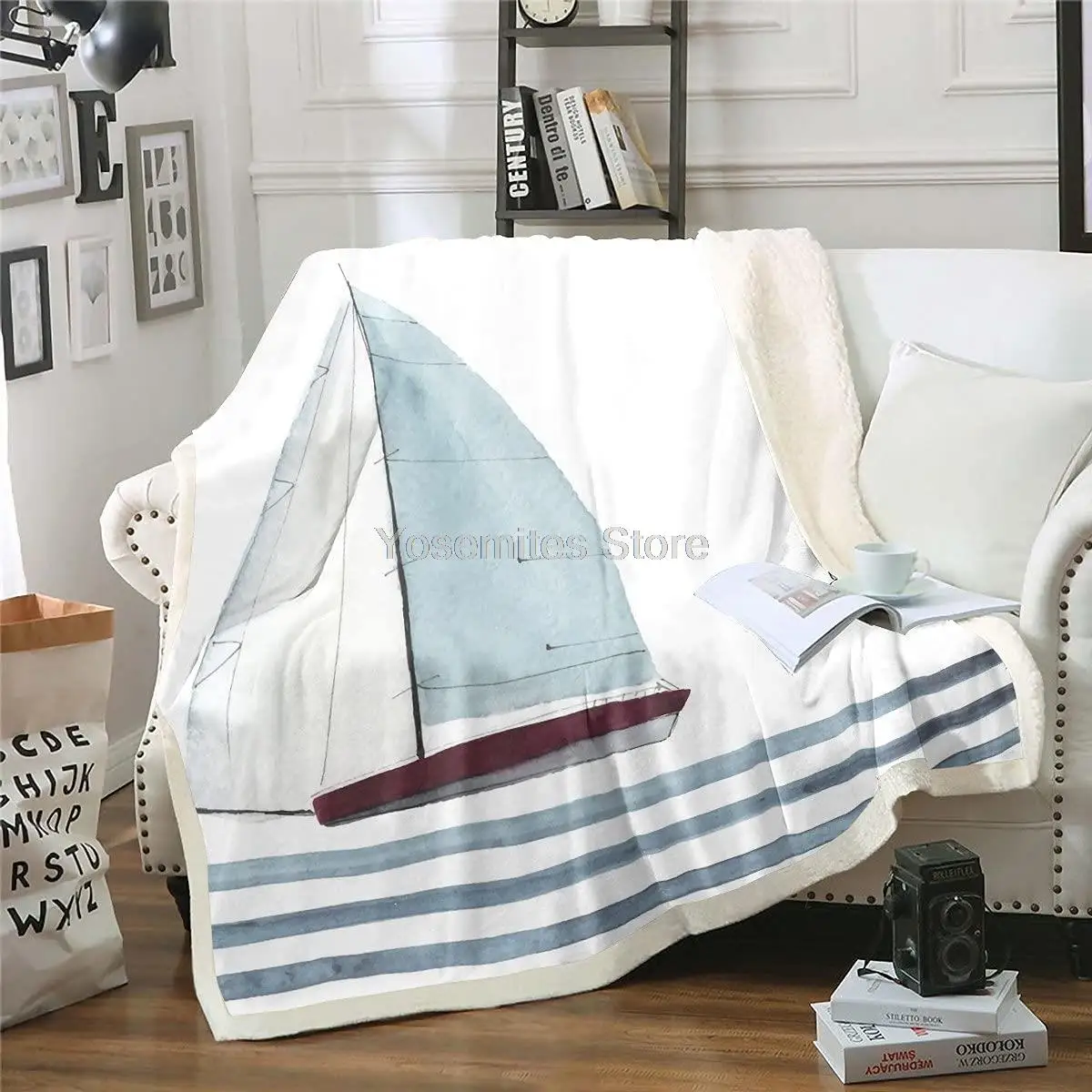 

Erosebridal Sailboat Blanket Throw Tie Dye Sherpa Blanket Sailing Boat Nautical Fleece Blanket Stripes Yacht Theme Tropical Ocea
