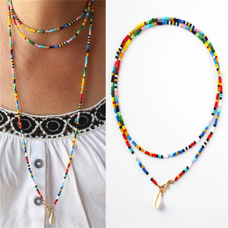 

TTLIFE 2020 Bohemian Colored Beads Natural Shell Set Necklace Handmade Beads Chain Long Necklace For Women Jewelry