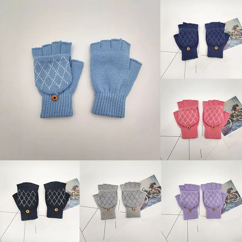 

Knitting Wool Half Finger Gloves Women Solid Color Soft Knitted Gloves Fingerless Gloves With Flipped Cover Hand Warmer