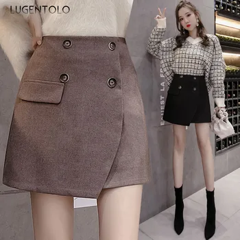 

Lugentolo Women Skirt Sweet Autumn Korean Irregular Double Solid Casual Breasted Elegant A-line Fashion Short Sexy Skirts