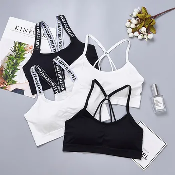 

Letter shoulder strap Bra Push Up Women Bra Fitness Women Bralette Top Black Padded soutien small size Bra Top Bralette