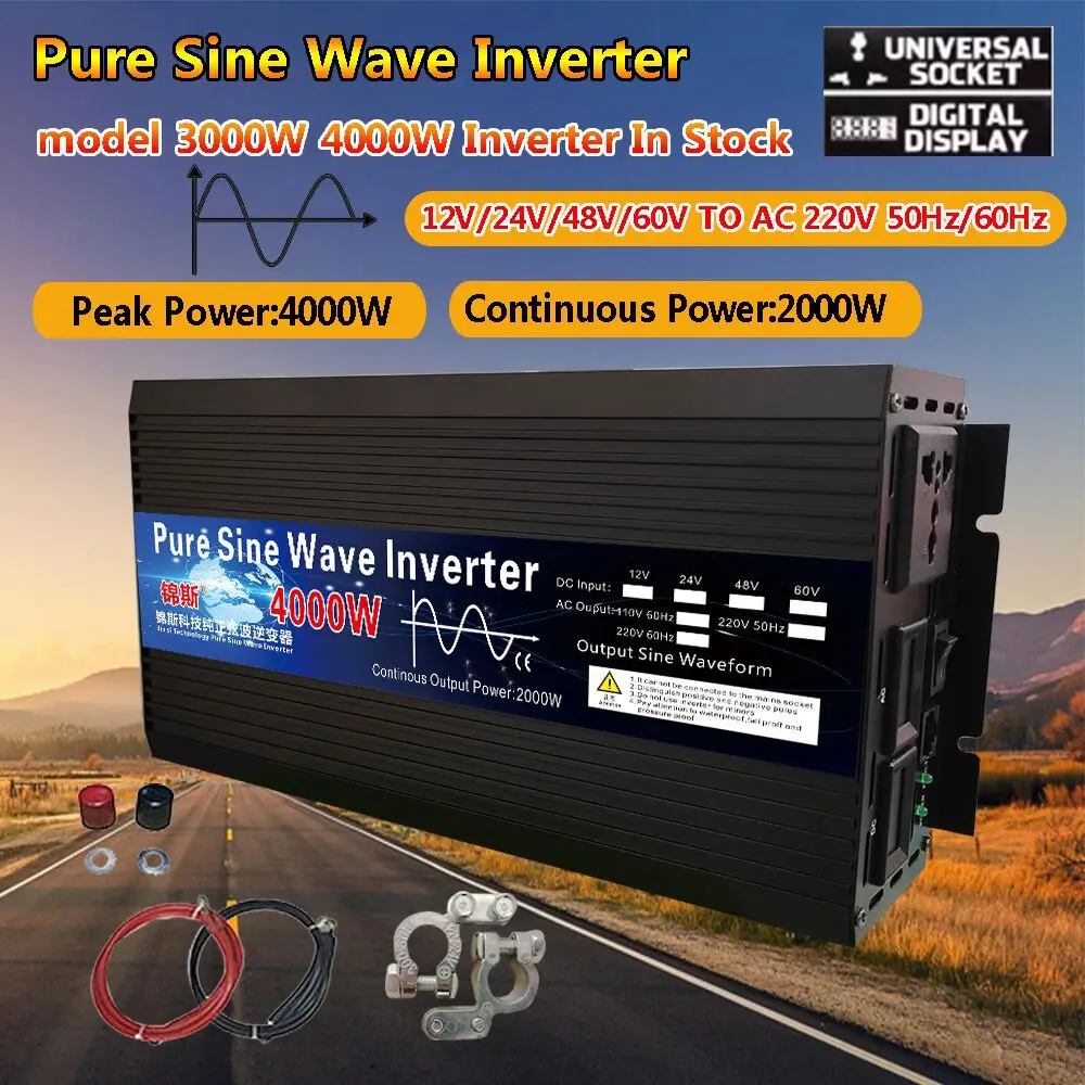 Pure Sine Wave Inverter 3000w 4000w 12V/24V/48V/60V/220V Voltage Transformer Solar Power Inverter DC12V to AC 220V LED Converter