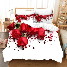 Rosa vermelha 3d jogo de cama flor elegante romântico 2/3 peças conjuntos capa edredão fronha microfibra roupas rainha rei tamanho