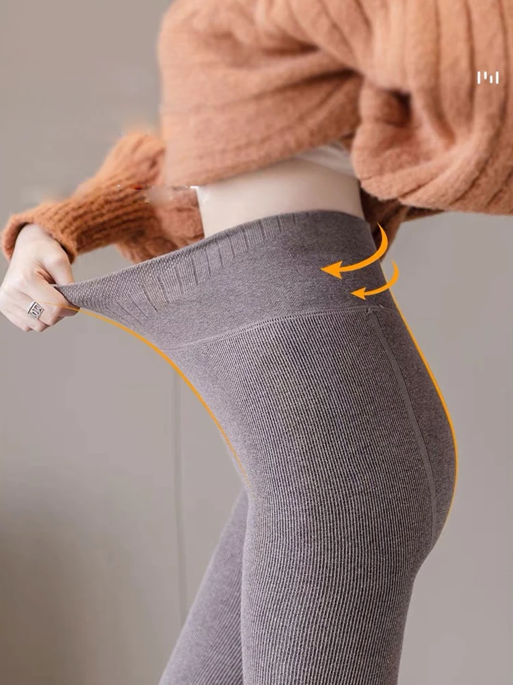 Warm Fleece Lined Super Thick Warm Leggings Women Winter Spandex Ribbed Slim Pattern Leggins Winter High Waist Basic Pants
