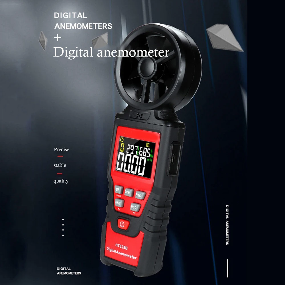 

HT625 4 In 1 Mini Wind Speed Meter Handheld Anemometer USB Wind Speed Air Volume Temperature and Humidity Measurement HD Screen