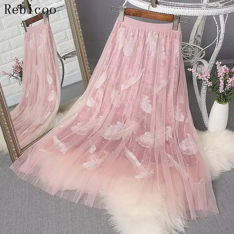 

Spring Fashion Women High Waist Long Skirt Feathers Embroidery A-line Skirts three layers fabric Sweet Womens Mesh Skirt