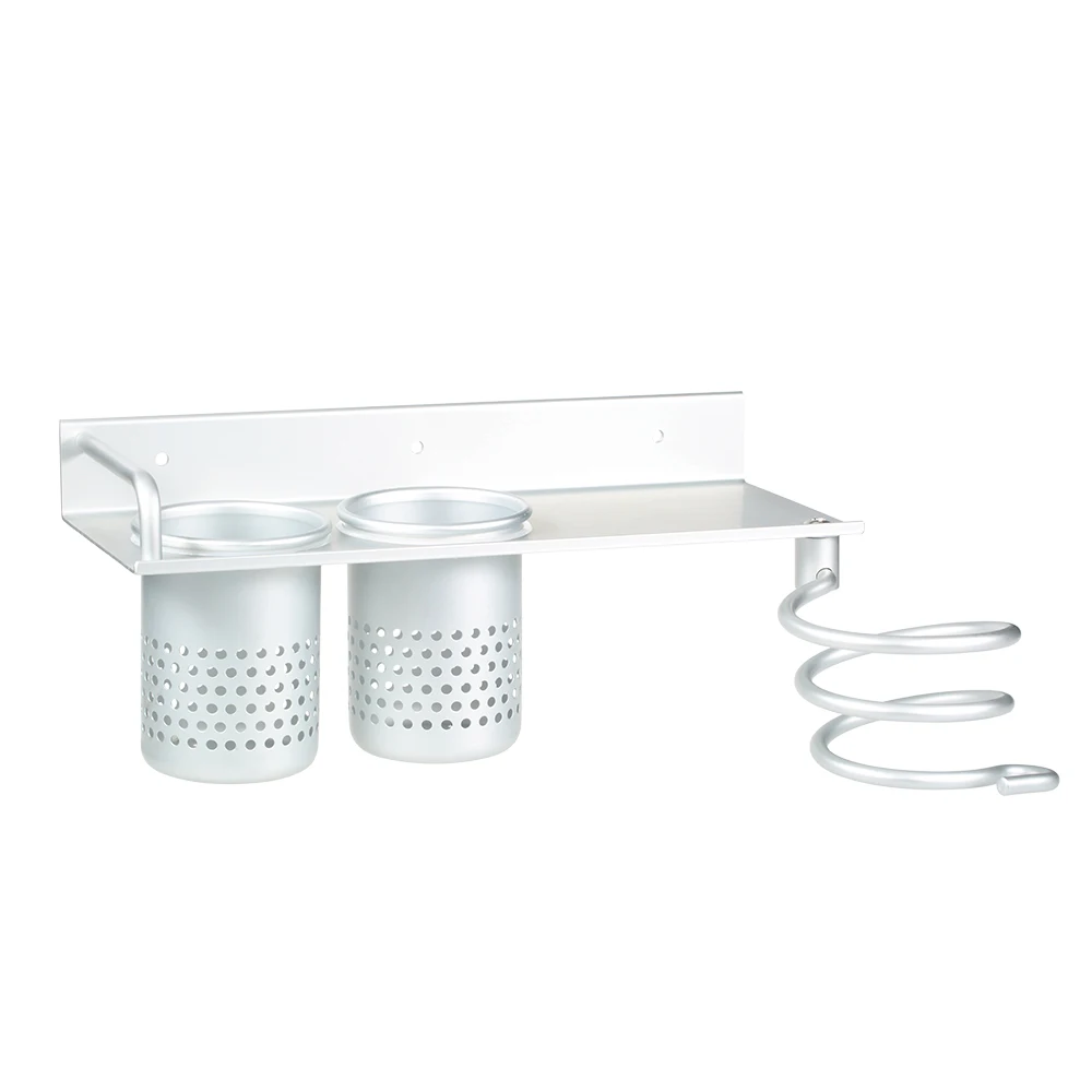 

Aluminum Alloy Bathroom Hair Dryer Holder Wall Mounted Rack with 2 Cups Multi-function Hairdryer Comb Holder Shelf Organizer