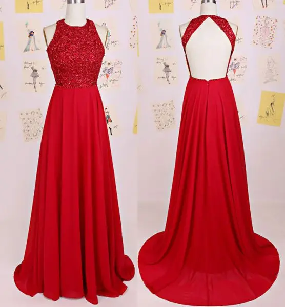 

2018 Charming Red O-Neck A-Line Sleeveless Beaded Sexy Hollow Back Custom Prom Party Gown vestido de festa bridesmaid dresses