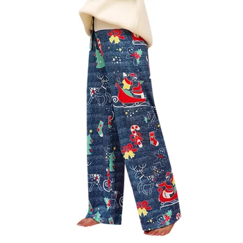 

2019 Winter Christmas Keep Warm Pants Loose Christmas Print Casual Wide-leg Pants Large Size Warm Wide-leg Trousers For Ladies