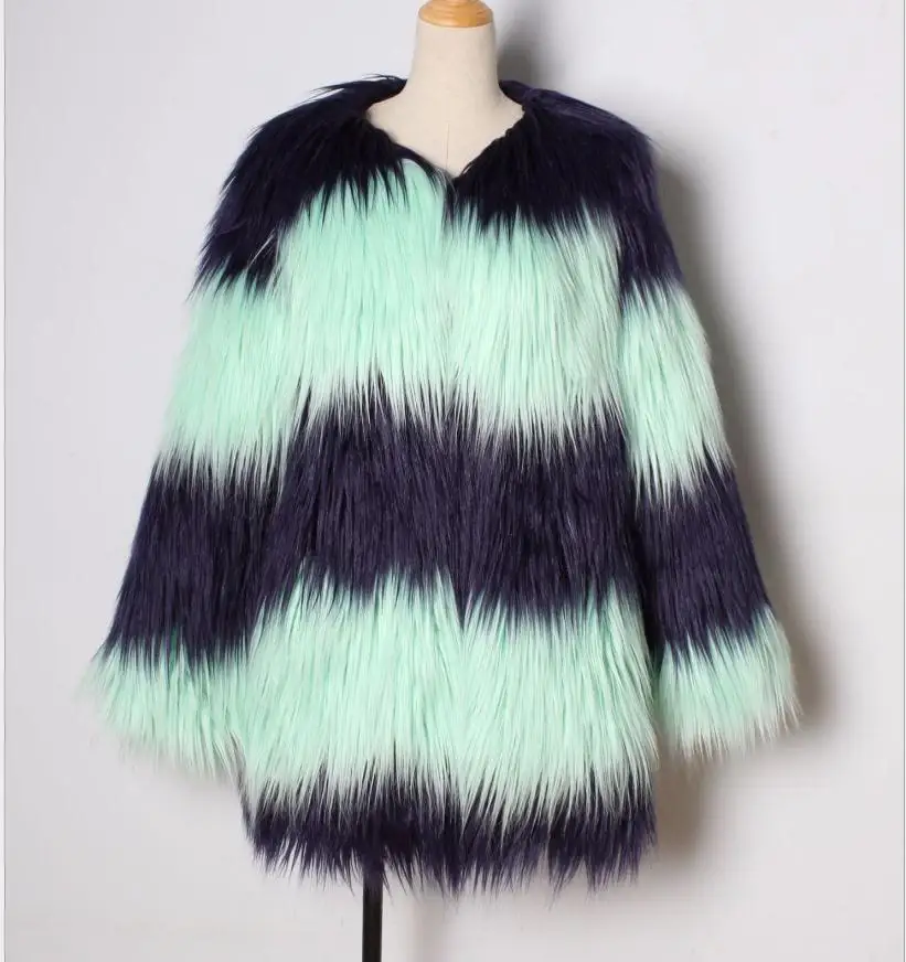 blue green striped S/3XL женские разноцветные зимние осенние длинные пальто из искусственного меха с v-образным вырезом большого размера женские Лоскутные поддельные меховые пальто повседневные топы K1169 - Цвет: blue green striped